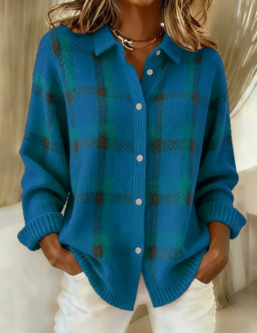 Grace | Cardigan en maille à carreaux bleu