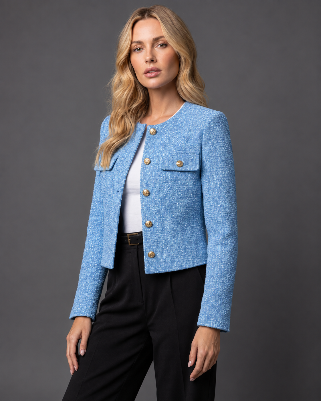 Judyta | Krótki żakiet w stylu tweed ze złotymi guzikami