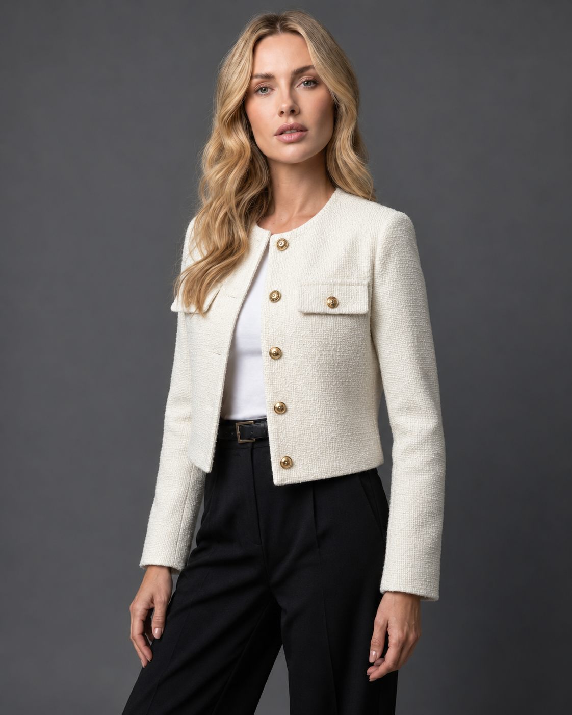 Judyta | Krótki żakiet w stylu tweed ze złotymi guzikami
