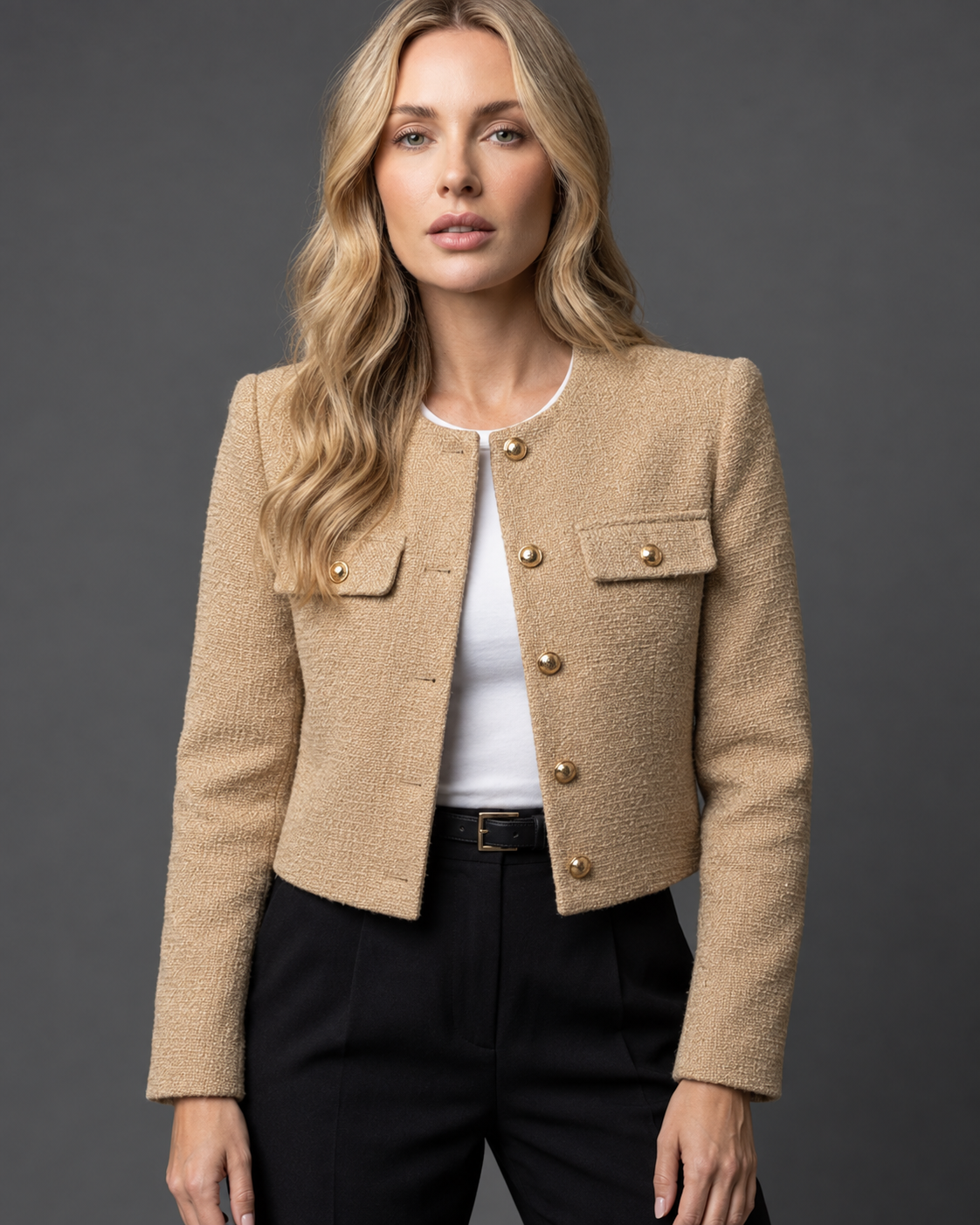 Judyta | Krótki żakiet w stylu tweed ze złotymi guzikami