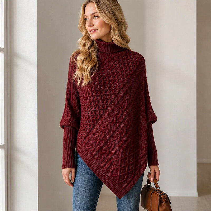 Bogusia | Asymetryczne poncho w warkocze ze stójką